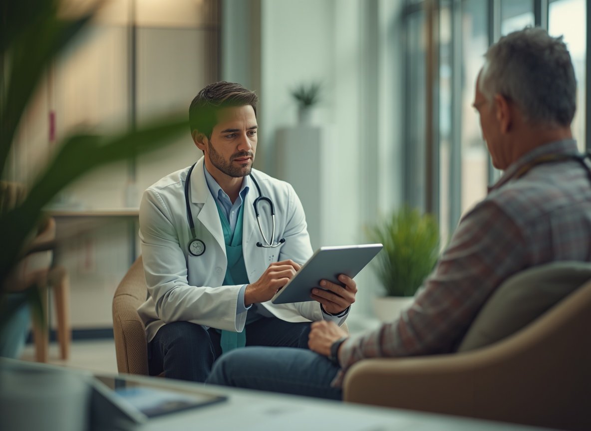 UK specialist clinician reviewing a patient's medical history during a consultation